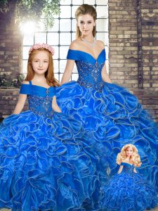 Lovely Beading and Ruffles 15th Birthday Dress Royal Blue Lace Up Sleeveless Floor Length