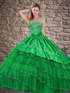 Floor Length Green Quinceanera Gowns Organza Sleeveless Embroidery and Ruffled Layers