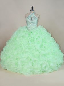 Decent Apple Green Quinceanera Gown Sweet 16 and Quinceanera with Beading and Ruffles Halter Top Sleeveless Lace Up