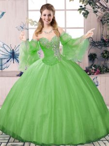 Green Ball Gowns Sweetheart Long Sleeves Tulle Floor Length Lace Up Beading Ball Gown Prom Dress