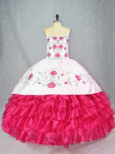 Artistic Hot Pink Ball Gown Prom Dress Sweet 16 and Quinceanera with Embroidery and Ruffled Layers Sweetheart Sleeveless