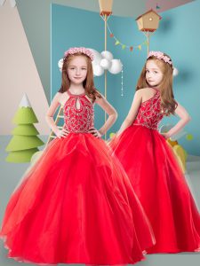 Floor Length Zipper Kids Pageant Dress Red for Wedding Party with Beading