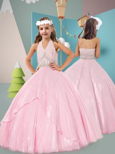 Baby Pink Ball Gowns Halter Top Sleeveless Floor Length Zipper Beading Little Girl Pageant Gowns