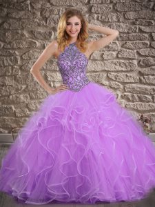 Super Tulle Halter Top Sleeveless Brush Train Lace Up Beading and Ruffles Quinceanera Gown in Lavender