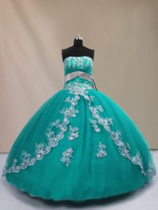 Custom Design Strapless Sleeveless Ball Gown Prom Dress Floor Length Appliques Turquoise Tulle