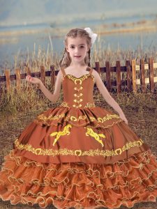 Popular Rust Red Sleeveless Organza Lace Up Child Pageant Dress for Wedding Party
