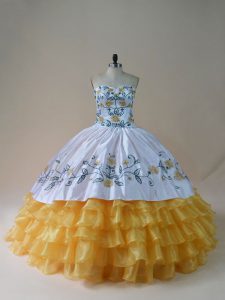Eye-catching Yellow And White Organza Lace Up Sweet 16 Quinceanera Dress Sleeveless Floor Length Embroidery and Ruffled 