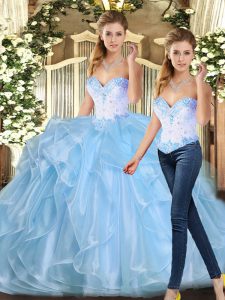 Glittering Ball Gowns Quinceanera Gown Blue Sweetheart Organza Sleeveless Floor Length Lace Up