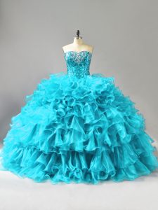 Traditional Aqua Blue Ball Gowns Sweetheart Sleeveless Organza Floor Length Lace Up Ruffles and Sequins Quince Ball Gown