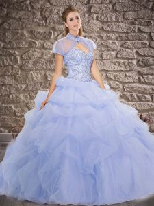 Sweet Lavender Quince Ball Gowns Tulle Brush Train Sleeveless Beading and Pick Ups