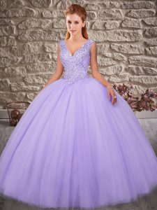 Customized Sleeveless Beading Zipper Quinceanera Dresses with Lavender Brush Train