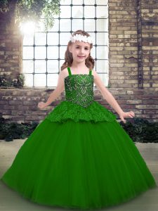 Green Sleeveless Tulle Lace Up Little Girls Pageant Dress for Party and Military Ball and Wedding Party