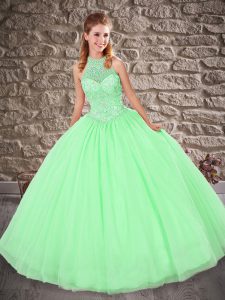 Fashion Green Lace Up 15 Quinceanera Dress Beading Sleeveless Floor Length