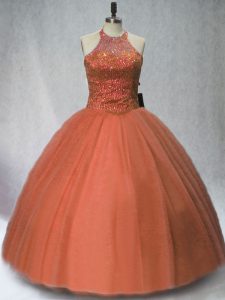 Brown Ball Gowns Halter Top Sleeveless Tulle Floor Length Lace Up Beading 15 Quinceanera Dress