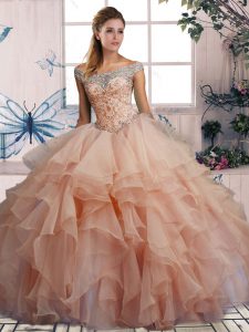 Pink Sleeveless Organza Lace Up Quinceanera Dress for Military Ball and Sweet 16 and Quinceanera