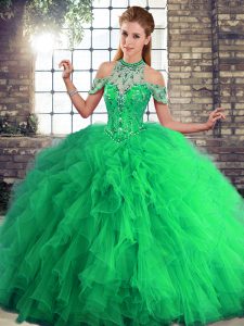 New Style Green Ball Gowns Beading and Ruffles Vestidos de Quinceanera Lace Up Tulle Sleeveless Floor Length