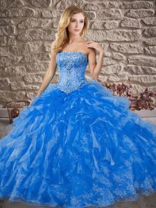 Trendy Lace Up 15th Birthday Dress Blue for Military Ball and Sweet 16 and Quinceanera with Beading and Ruffles Brush Tr