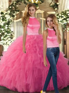 Sophisticated Floor Length Hot Pink Ball Gown Prom Dress Halter Top Sleeveless Backless