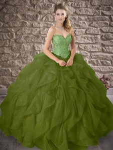 Sleeveless Organza Floor Length Lace Up Sweet 16 Quinceanera Dress in Olive Green with Beading and Ruffles