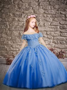 Superior Brush Train Ball Gowns Pageant Dress Womens Blue Off The Shoulder Tulle Short Sleeves Lace Up