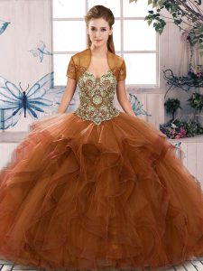 Great Brown Sleeveless Floor Length Beading and Ruffles Lace Up Quinceanera Dresses