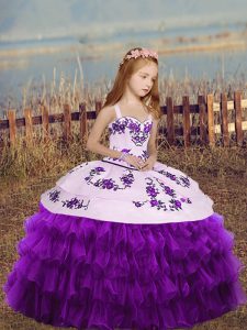 Dramatic Eggplant Purple Organza Lace Up Little Girls Pageant Dress Sleeveless Floor Length Embroidery and Ruffled Layer