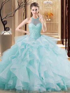 Light Blue Quince Ball Gowns Halter Top Sleeveless Brush Train Lace Up