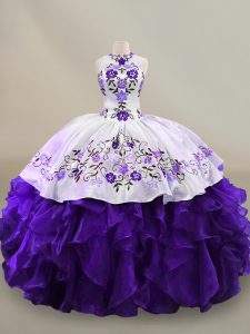 White And Purple Long Sleeves Floor Length Embroidery and Ruffles Lace Up Quinceanera Gown