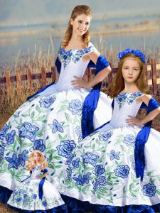Shining Sleeveless Floor Length Embroidery and Ruffles Lace Up Quinceanera Dress with Blue And White