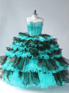 Sumptuous Blue And Black Ball Gowns Organza Sweetheart Sleeveless Beading and Ruffled Layers Floor Length Lace Up Quince