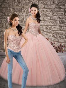 Two Pieces Quinceanera Dress Baby Pink Sweetheart Tulle Sleeveless Floor Length Lace Up