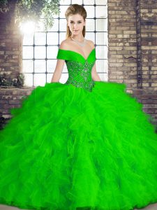 Elegant Sleeveless Floor Length Beading and Ruffles Lace Up Ball Gown Prom Dress with Green