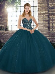 Clearance Floor Length Ball Gowns Sleeveless Teal Quinceanera Dress Lace Up