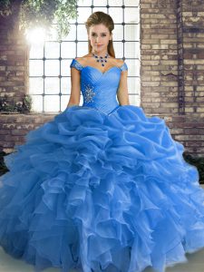 Ideal Blue Off The Shoulder Lace Up Beading and Ruffles and Pick Ups Ball Gown Prom Dress Sleeveless