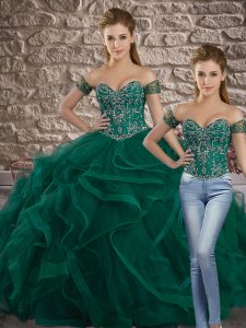 Flirting Green Sleeveless Tulle Sweep Train Lace Up Sweet 16 Dress for Military Ball and Sweet 16 and Quinceanera