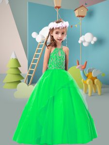 Great Sleeveless Floor Length Beading Zipper Pageant Gowns For Girls with Green