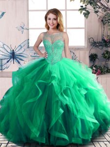 Unique Scoop Sleeveless Sweet 16 Dresses Floor Length Beading and Ruffles Green Tulle