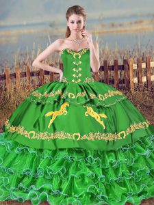 Green Sleeveless Organza Brush Train Lace Up 15 Quinceanera Dress for Sweet 16 and Quinceanera