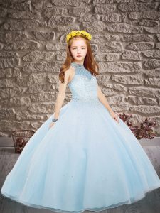 Light Blue Ball Gowns Tulle Halter Top Sleeveless Beading Lace Up Little Girls Pageant Gowns Brush Train