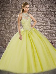 Yellow Green Ball Gown Prom Dress Halter Top Sleeveless Sweep Train Lace Up