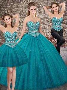 Elegant Brush Train Three Pieces Sweet 16 Quinceanera Dress Teal Sweetheart Tulle Sleeveless Lace Up