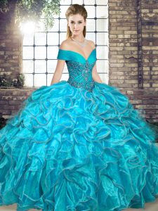 Inexpensive Aqua Blue Sleeveless Beading and Ruffles Floor Length 15th Birthday Dress