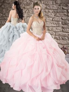 Fashion Sleeveless Floor Length Beading and Ruffles Lace Up 15th Birthday Dress with Baby Pink