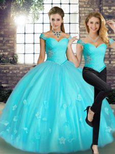 Luxury Sleeveless Tulle Floor Length Lace Up Quince Ball Gowns in Aqua Blue with Beading and Appliques