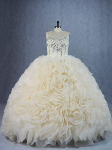 Brush Train Ball Gowns Quinceanera Dresses Champagne Sweetheart Fabric With Rolling Flowers Sleeveless Lace Up