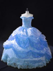 Floor Length Lace Up Sweet 16 Dress Blue for Sweet 16 and Quinceanera with Beading and Appliques