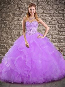 Elegant Lavender Sleeveless Brush Train Beading and Ruffles Ball Gown Prom Dress