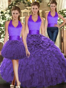 Smart Purple Sweet 16 Dress Sweet 16 and Quinceanera with Ruffles Halter Top Sleeveless Lace Up