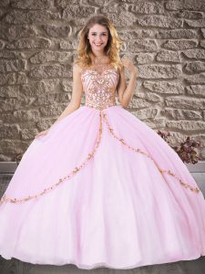 Lilac Ball Gowns High-neck Sleeveless Tulle Floor Length Backless Beading 15 Quinceanera Dress