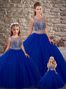 Royal Blue Lace Up Ball Gown Prom Dress Beading Sleeveless Brush Train